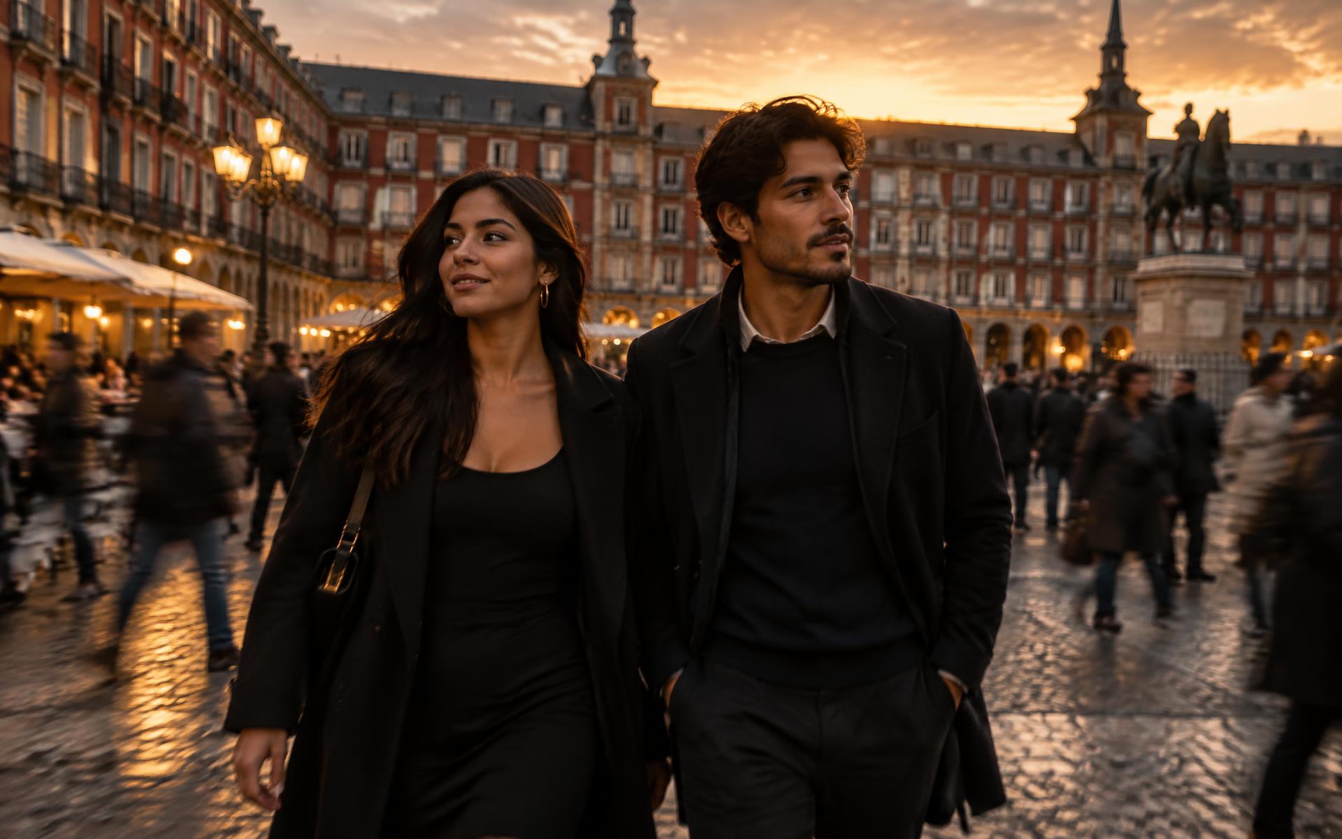 Pareja latina caminando por el centro de Madrid al atardecer